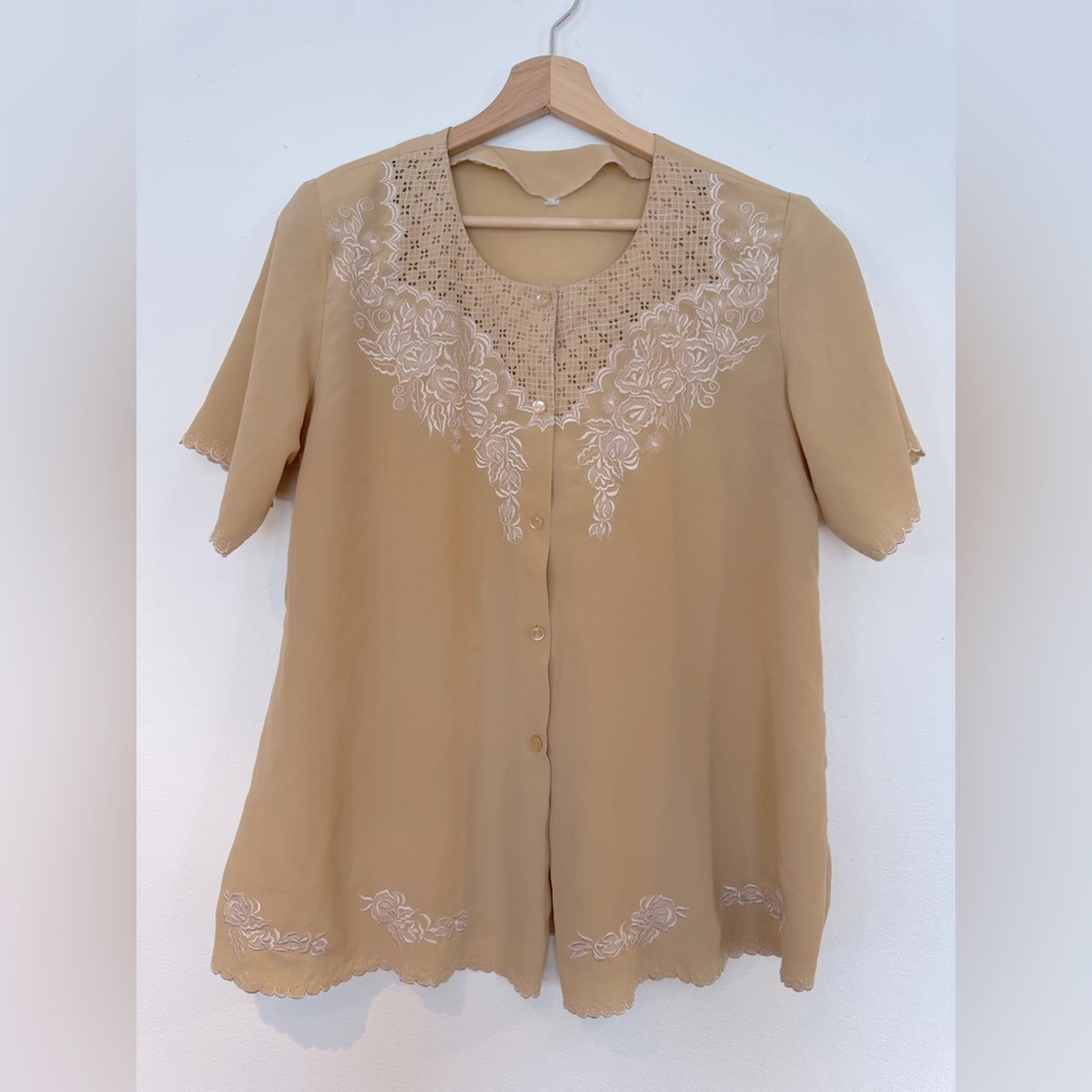 Vintage Blouse - tan with embroidery